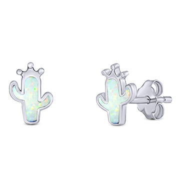 Cactus Stud Earring Created White Opal Solid 925 Sterling Silver (9.9mm)